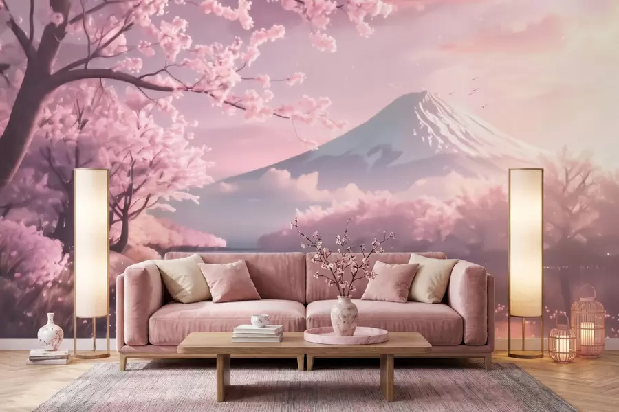 Valokuvatapetti Rauhallinen japanilainen maisema, jossa kirsikankukkia ja vuoristojärvi auringonnousun aikaan w09864