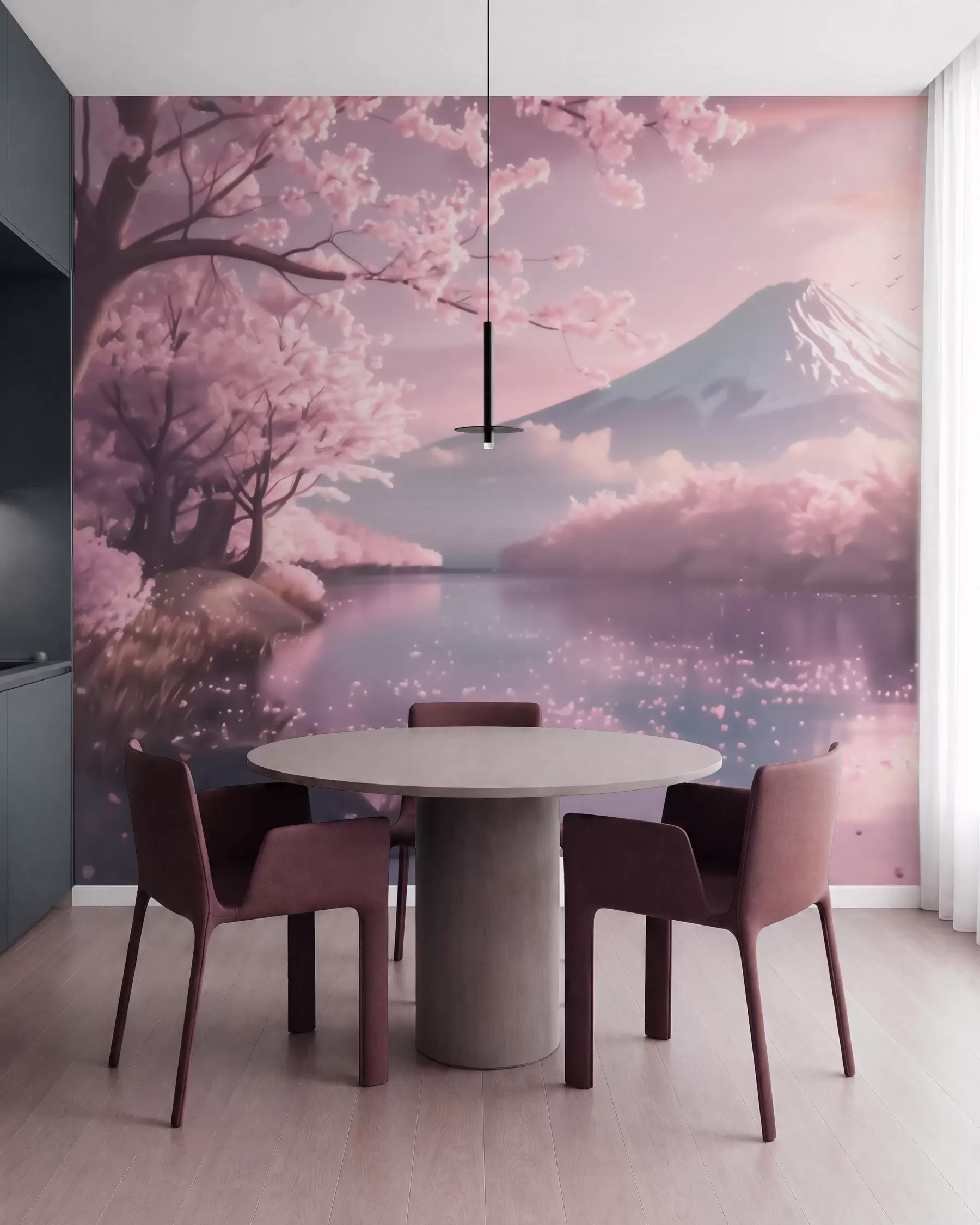 Valokuvatapetti Rauhallinen japanilainen maisema, jossa kirsikankukkia ja vuoristojärvi auringonnousun aikaan w09864