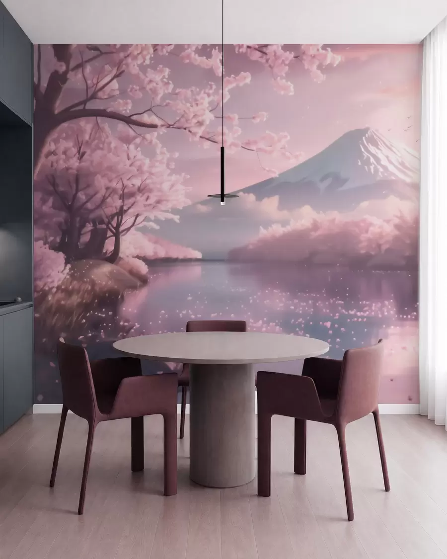 Valokuvatapetti Rauhallinen japanilainen maisema, jossa kirsikankukkia ja vuoristojärvi auringonnousun aikaan w09864