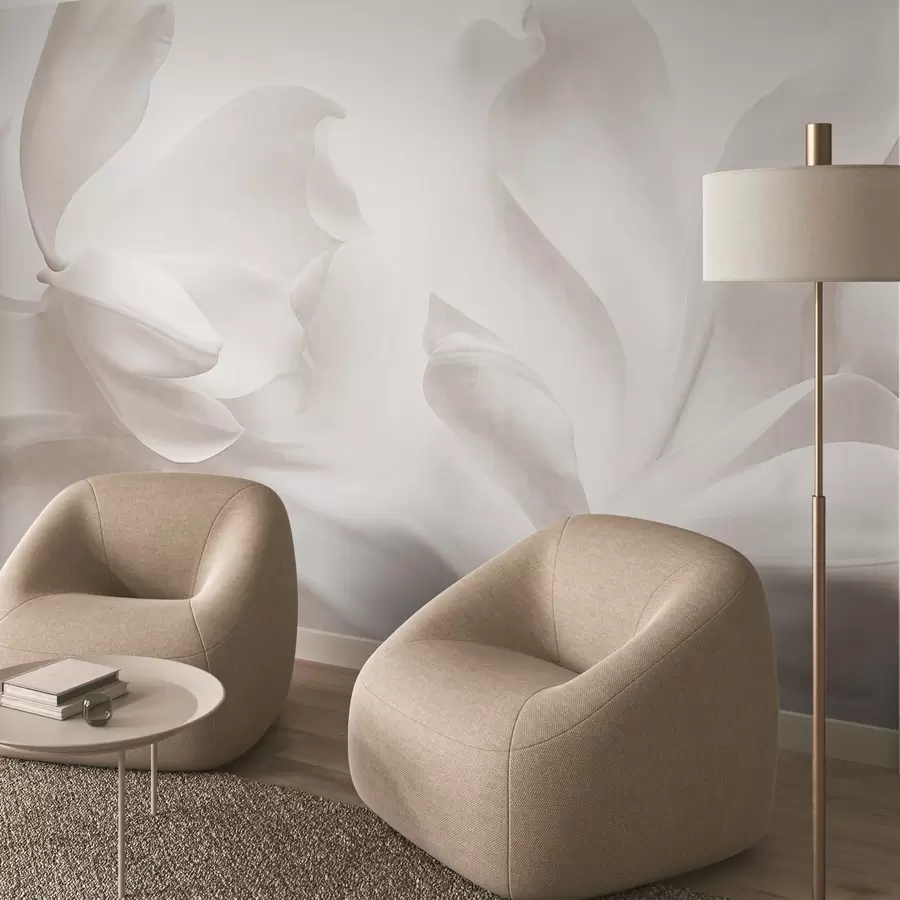 Valokuvatapetti Teksturoidut valkoiset magnoliakukat, joissa on herkät terälehdet, ja hämärtynyt vaalea tausta w09771