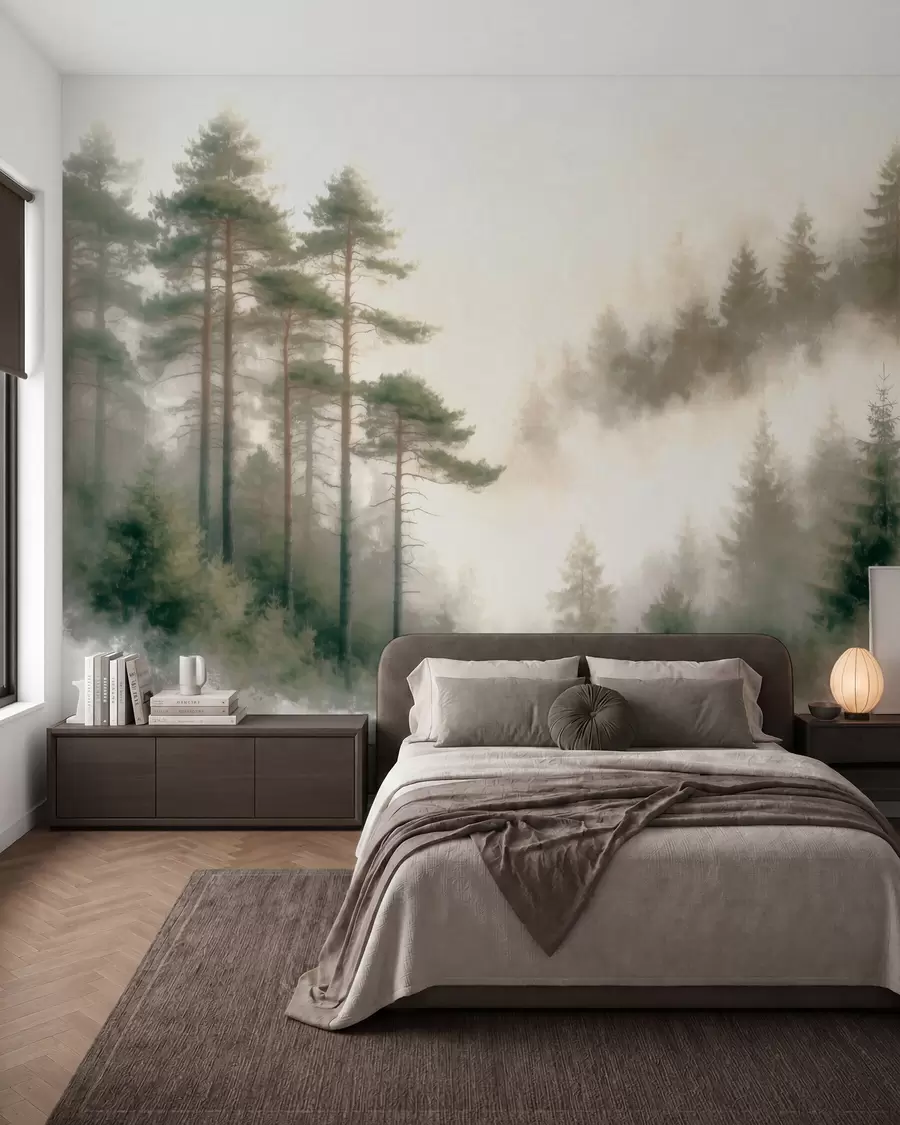 Valokuvatapetti Aamuisen mäntymetsän vesivärityylinen kuva w09916