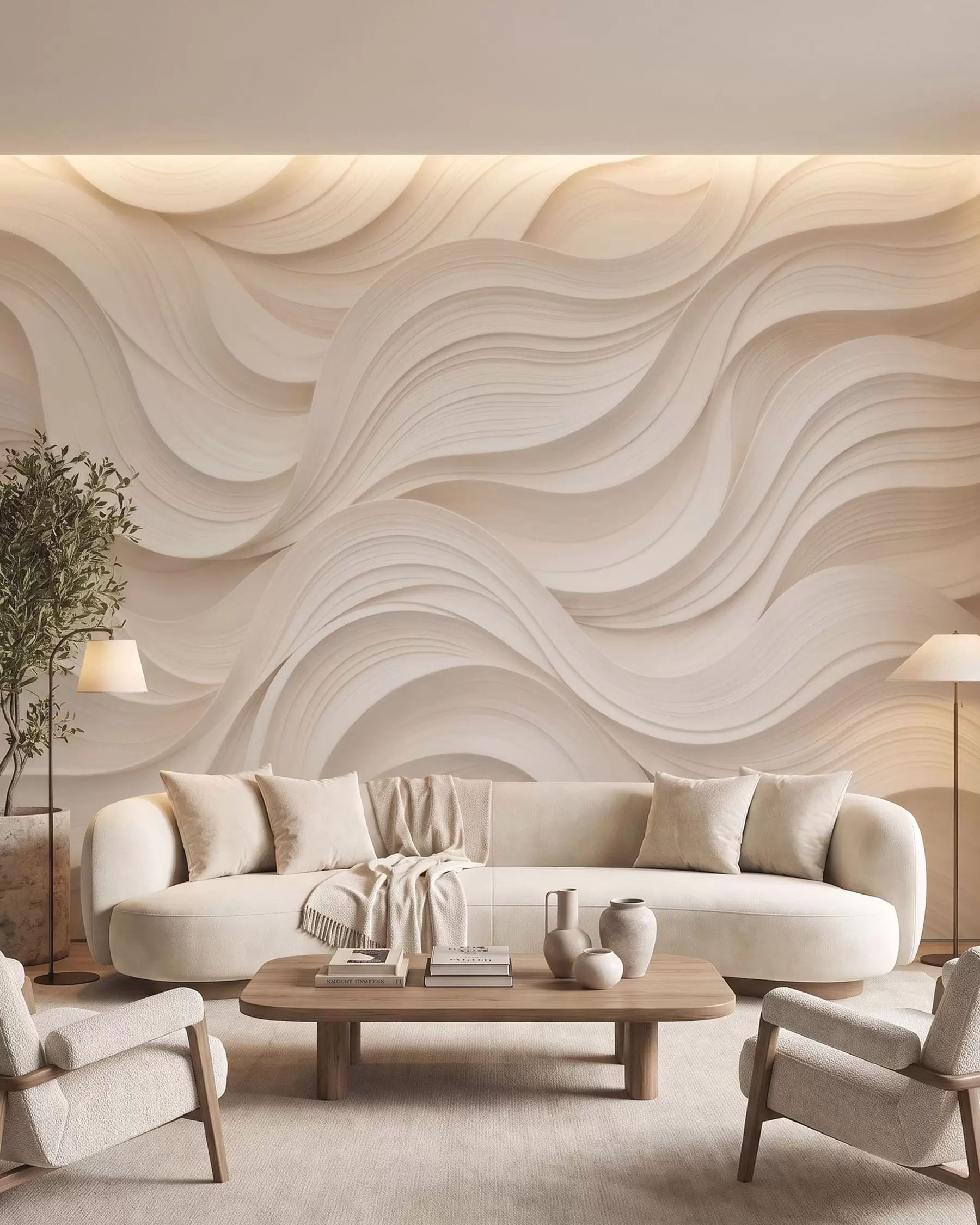 Valokuvatapetti Abstraktit aaltoilevat beige-väriset aallot 3D-tyylillä w09957