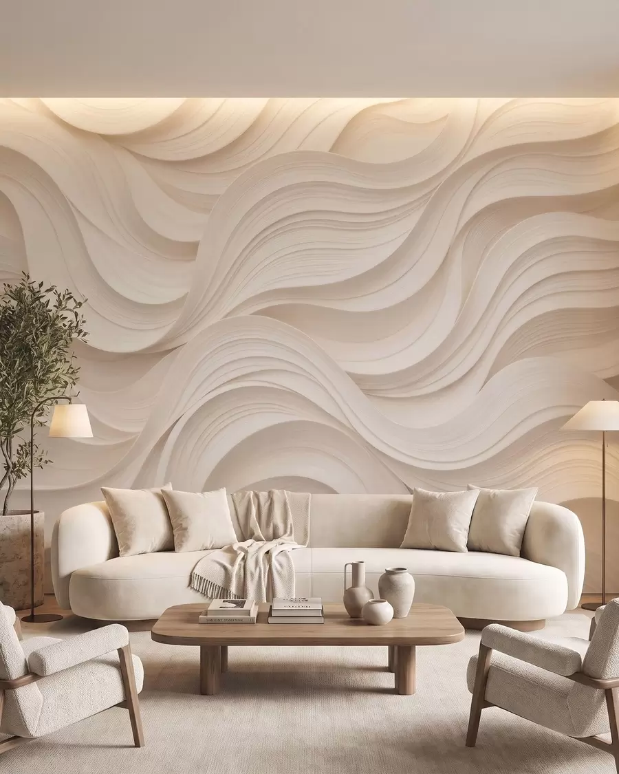 Valokuvatapetti Abstraktit aaltoilevat beige-väriset aallot 3D-tyylillä w09957