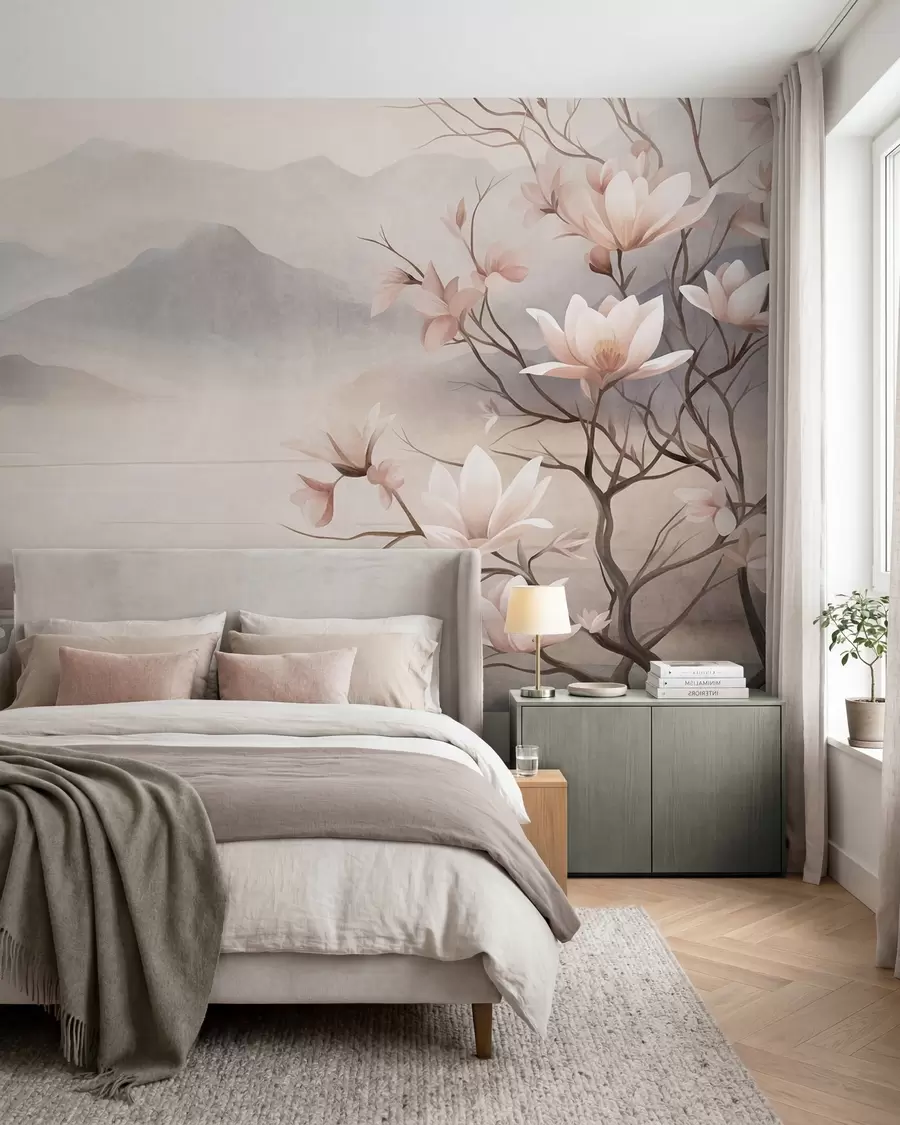 Valokuvatapetti Vuoret ja kukkivat vaaleanpunaiset magnolian oksat, tekstuurinen maisema w10013