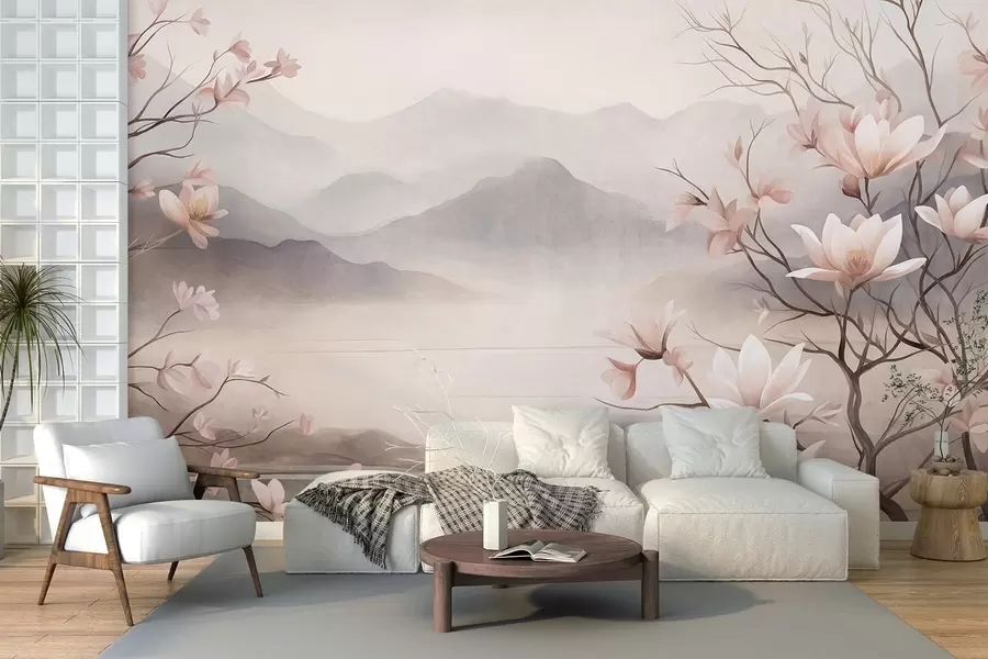 Valokuvatapetti Vuoret ja kukkivat vaaleanpunaiset magnolian oksat, tekstuurinen maisema w10013