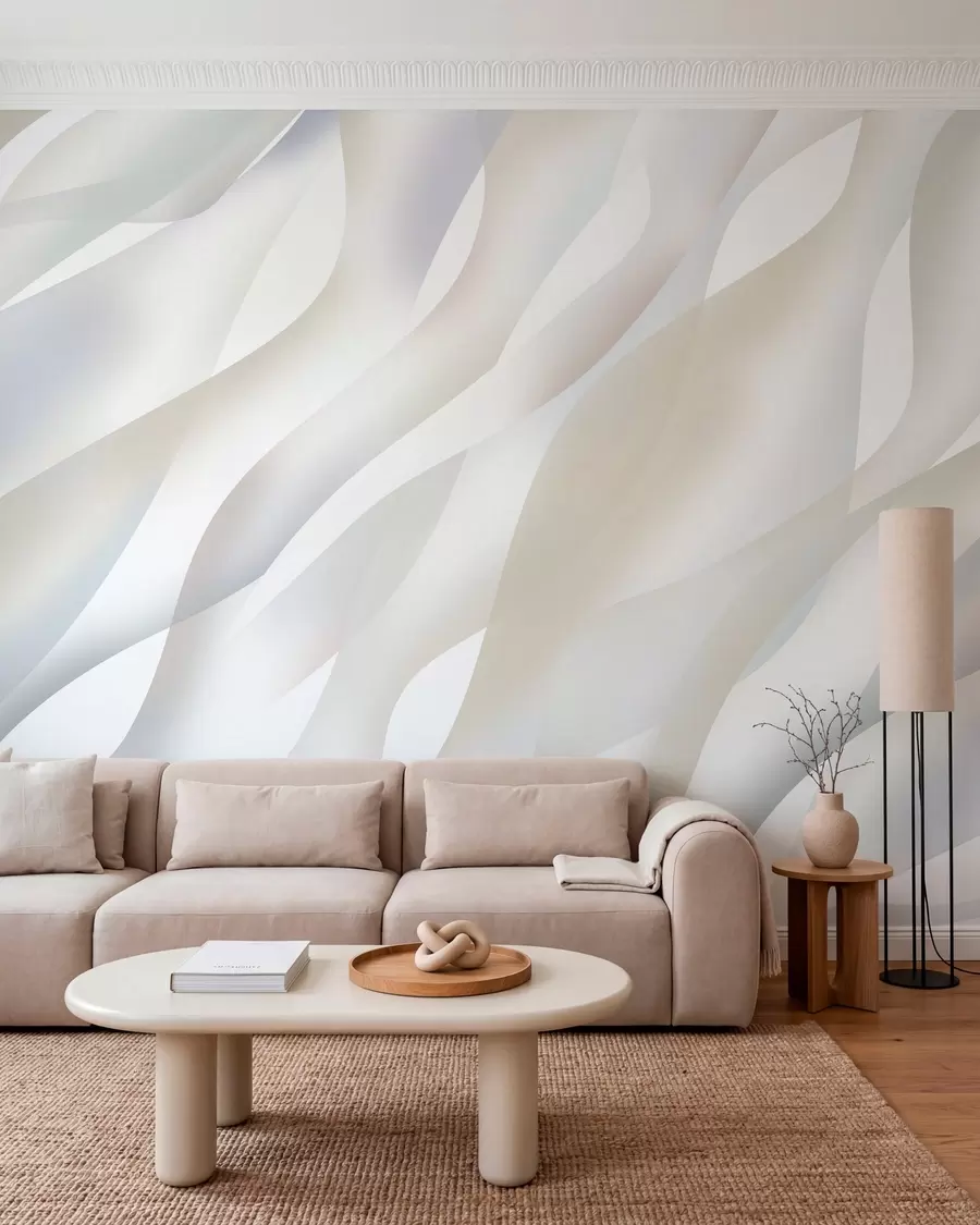 Valokuvatapetti Abstraktit aallot harmaan ja beigen sävyissä valkoisella taustalla w05758