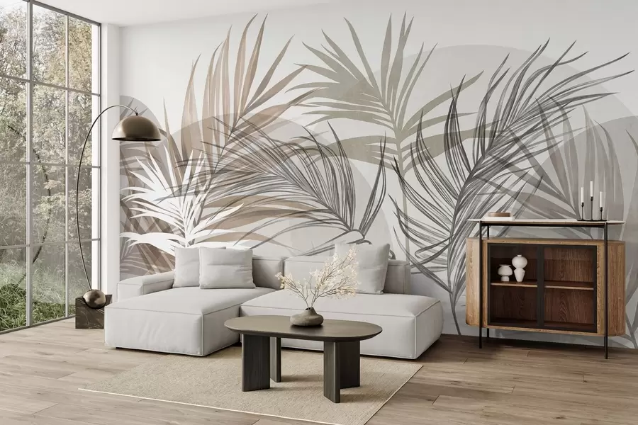 Valokuvatapetti Palmunlehdet neutraaleissa beige-, ruskea- ja harmaasävyissä, abstrakteja muotoja w10025