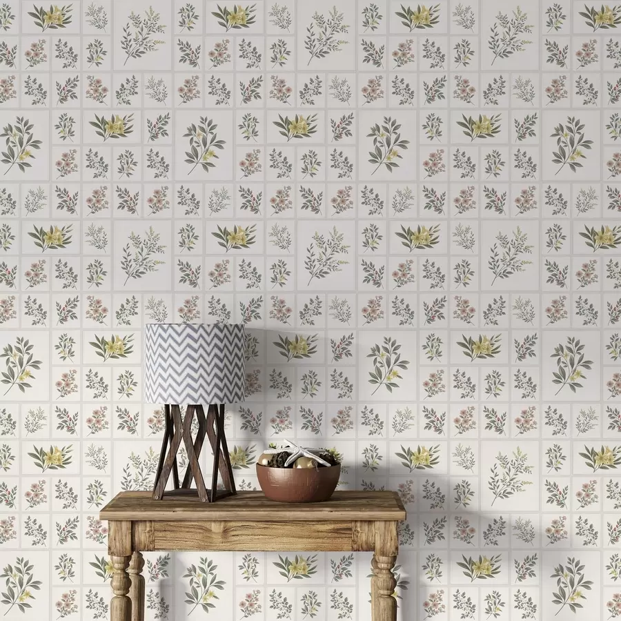 Valokuvatapetti Kasvitaiheinen kuvio, jossa on kukkia ja lehtiä kehyksissä a01258
