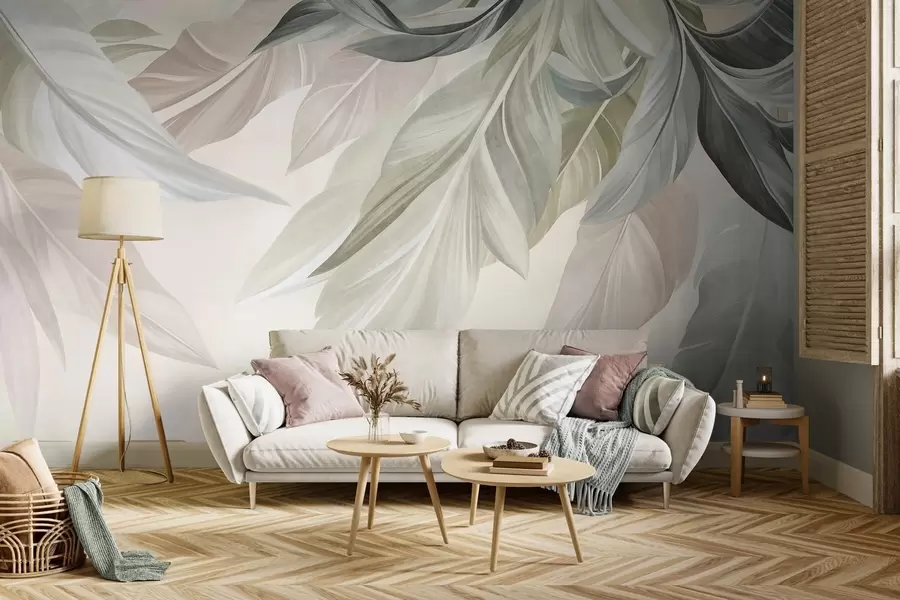 Valokuvatapetti Trooppiset, suuret, hillityn vihreät, beige- ja vaaleanpunaiset lehdet, vaalea, kuvioitu tausta w10054