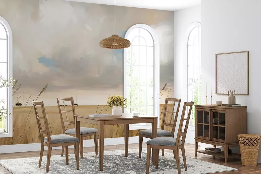 Valokuvatapetti Panoraamanäkymä laajasta keltaisesta ruohokentästä pilvisen taivaan alla w10079