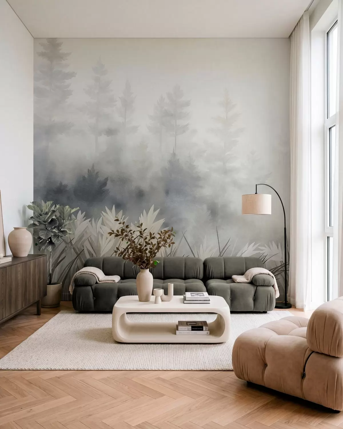 Valokuvatapetti Maisema, jossa on korkeaa villiruohoa ja mäntymetsää, minimalistinen, teksturoitu tyyli w10082