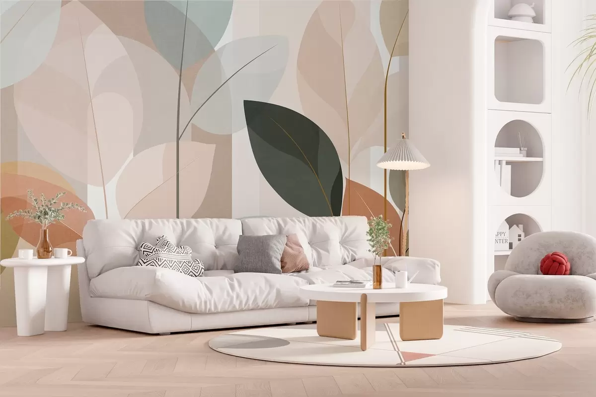 Valokuvatapetti abstrakti kuvio, jossa on lehtiä mattapintaisella kudontatyylillä, beige-, terrakotta- ja persikanvärisävyissä w05986