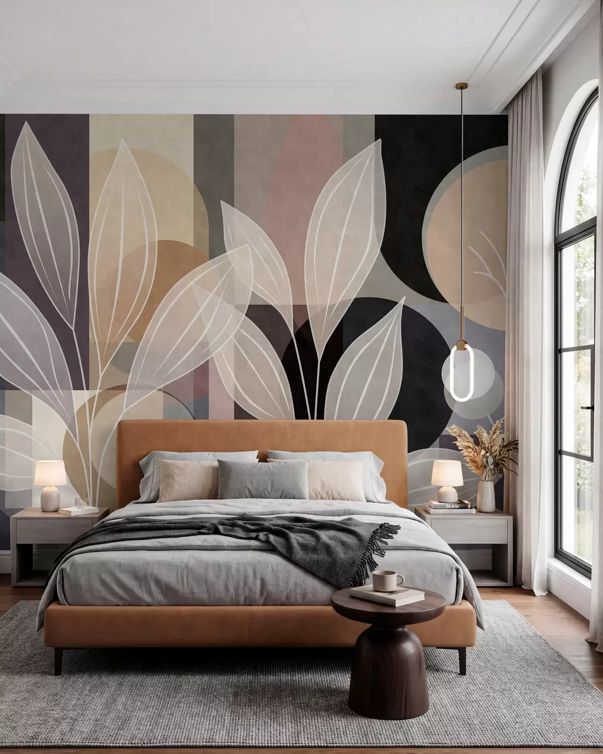 Valokuvatapetti tyyliteltyjä lehtiä geometrisella taustalla, beige- ja tummasävyissä w05987