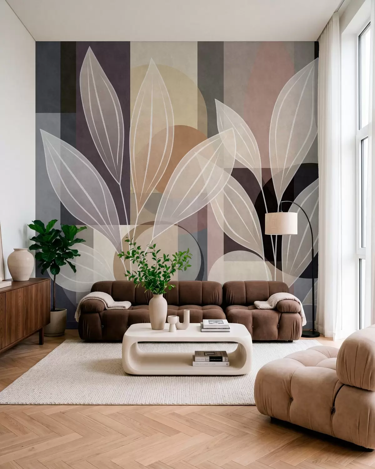 Valokuvatapetti tyyliteltyjä lehtiä geometrisella taustalla, beige- ja tummasävyissä w05987