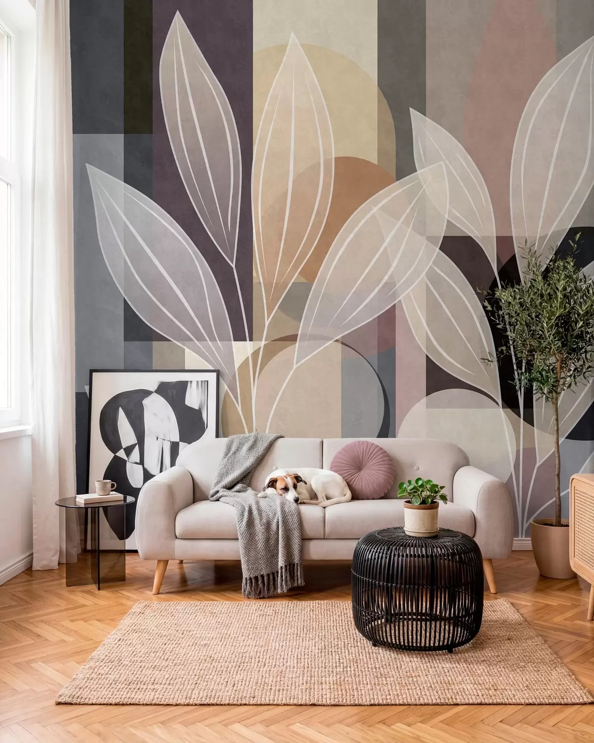 Valokuvatapetti tyyliteltyjä lehtiä geometrisella taustalla, beige- ja tummasävyissä w05987