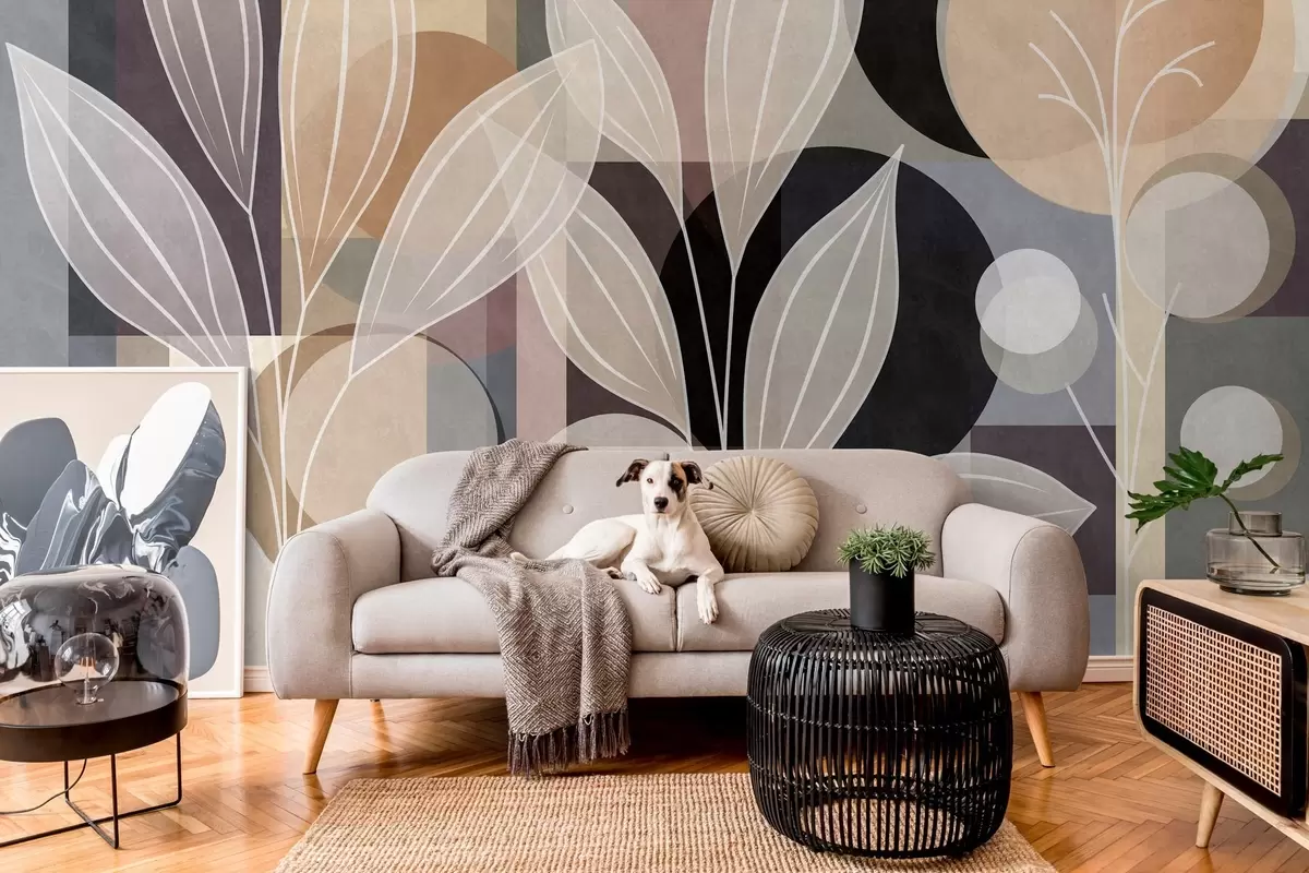 Valokuvatapetti tyyliteltyjä lehtiä geometrisella taustalla, beige- ja tummasävyissä w05987