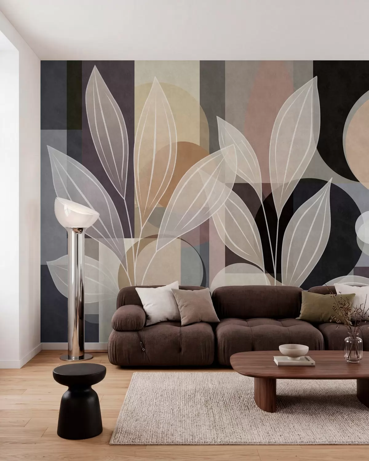 Valokuvatapetti tyyliteltyjä lehtiä geometrisella taustalla, beige- ja tummasävyissä w05987