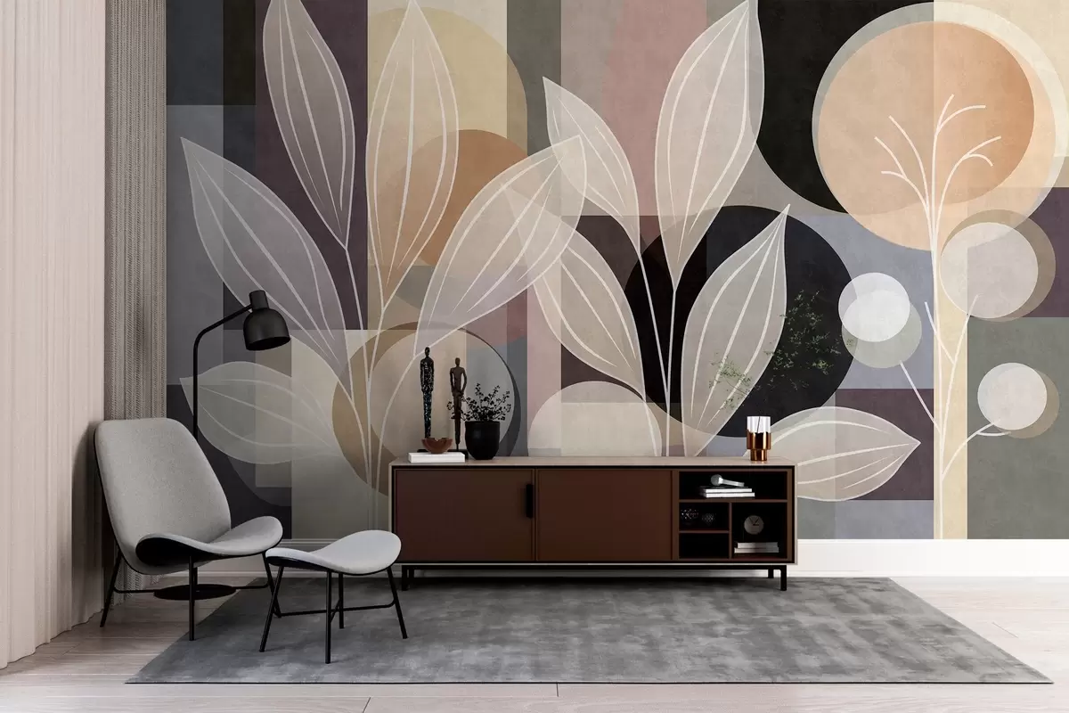 Valokuvatapetti tyyliteltyjä lehtiä geometrisella taustalla, beige- ja tummasävyissä w05987