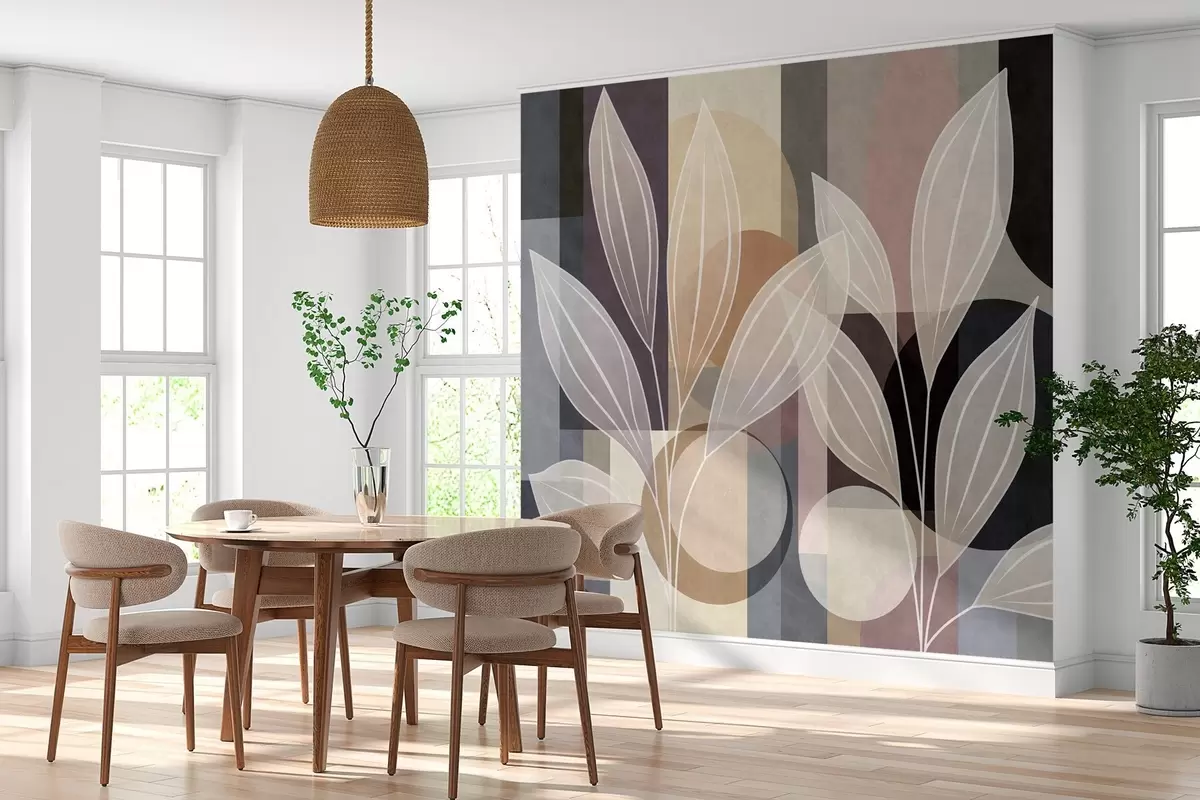 Valokuvatapetti tyyliteltyjä lehtiä geometrisella taustalla, beige- ja tummasävyissä w05987