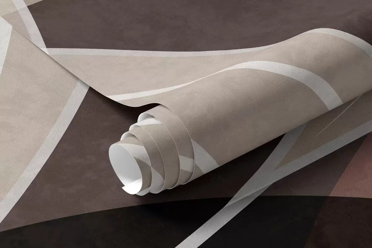 Valokuvatapetti tyyliteltyjä lehtiä geometrisella taustalla, beige- ja tummasävyissä w05987