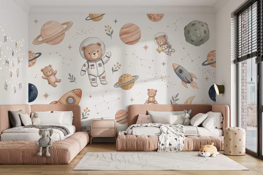 Valokuvatapetti Söpöjä nallekarhu-astronautteja planeettojen, rakettien ja tähtien keskellä pehmeässä pastellisävyisessä vesivärityyliin w10096