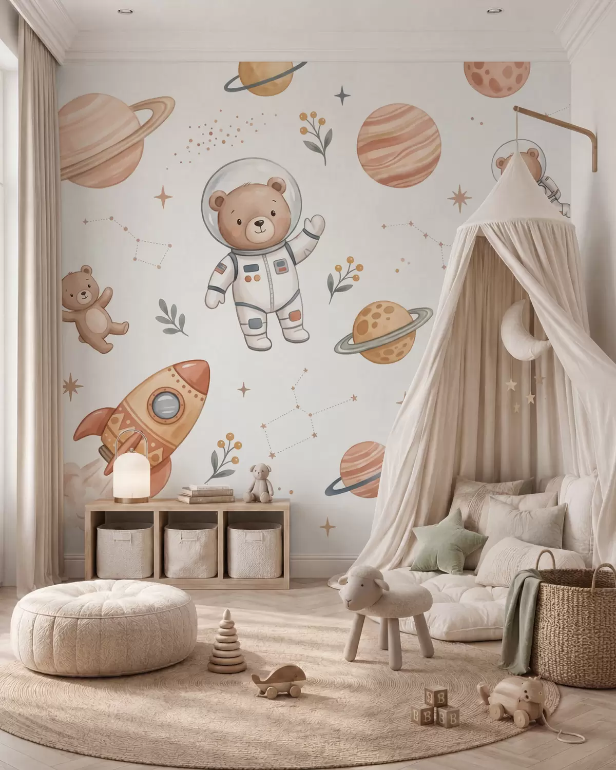 Valokuvatapetti Söpöjä nallekarhu-astronautteja planeettojen, rakettien ja tähtien keskellä pehmeässä pastellisävyisessä vesivärityyliin w10096