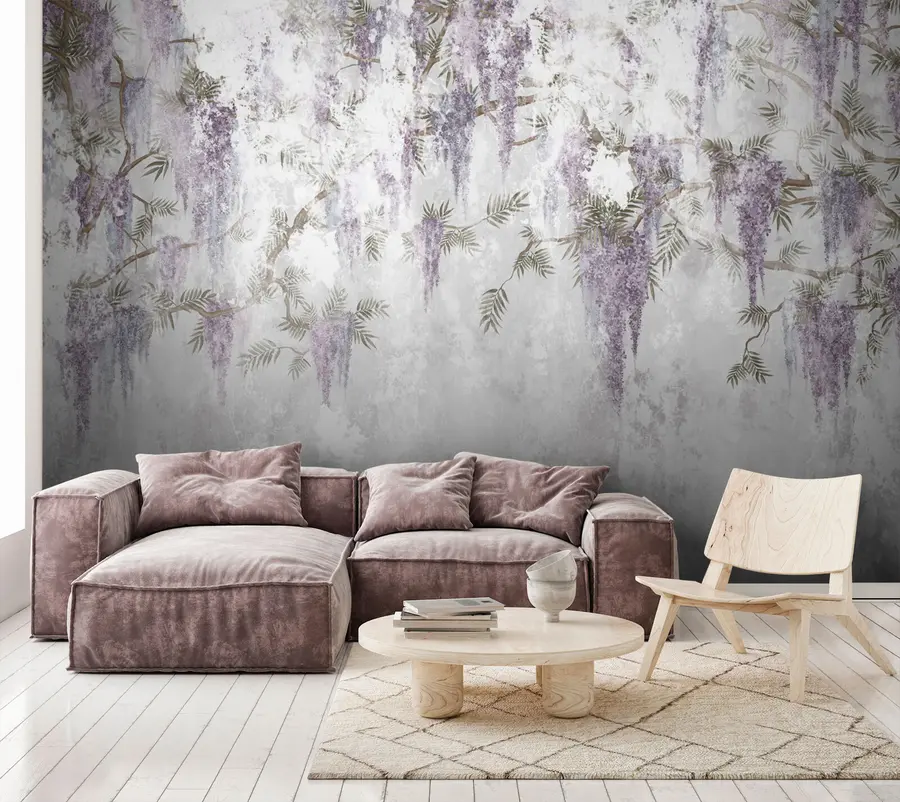 Valokuvatapetti Riippuvat trendikkäät grunge-oksat violeteilla kukilla u73816