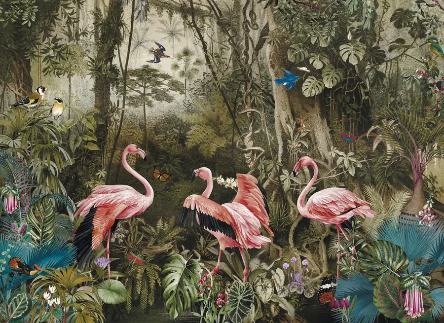 Valokuvatapetti Trooppisia lintuja ja flamingoja viidakossa u73568