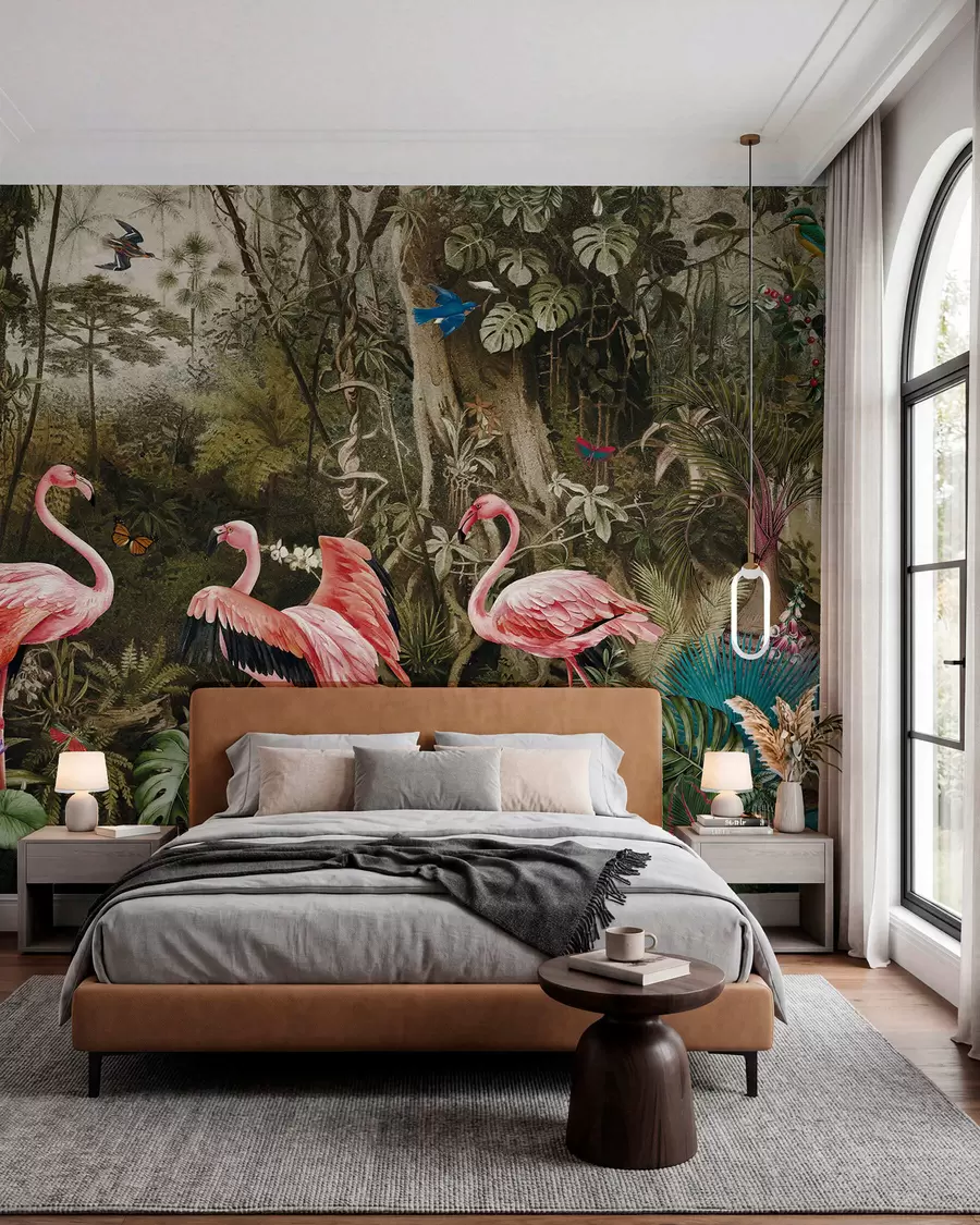 Valokuvatapetti Trooppisia lintuja ja flamingoja viidakossa u73568