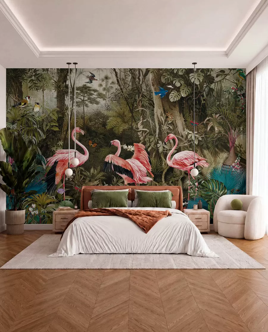 Valokuvatapetti Trooppisia lintuja ja flamingoja viidakossa u73568