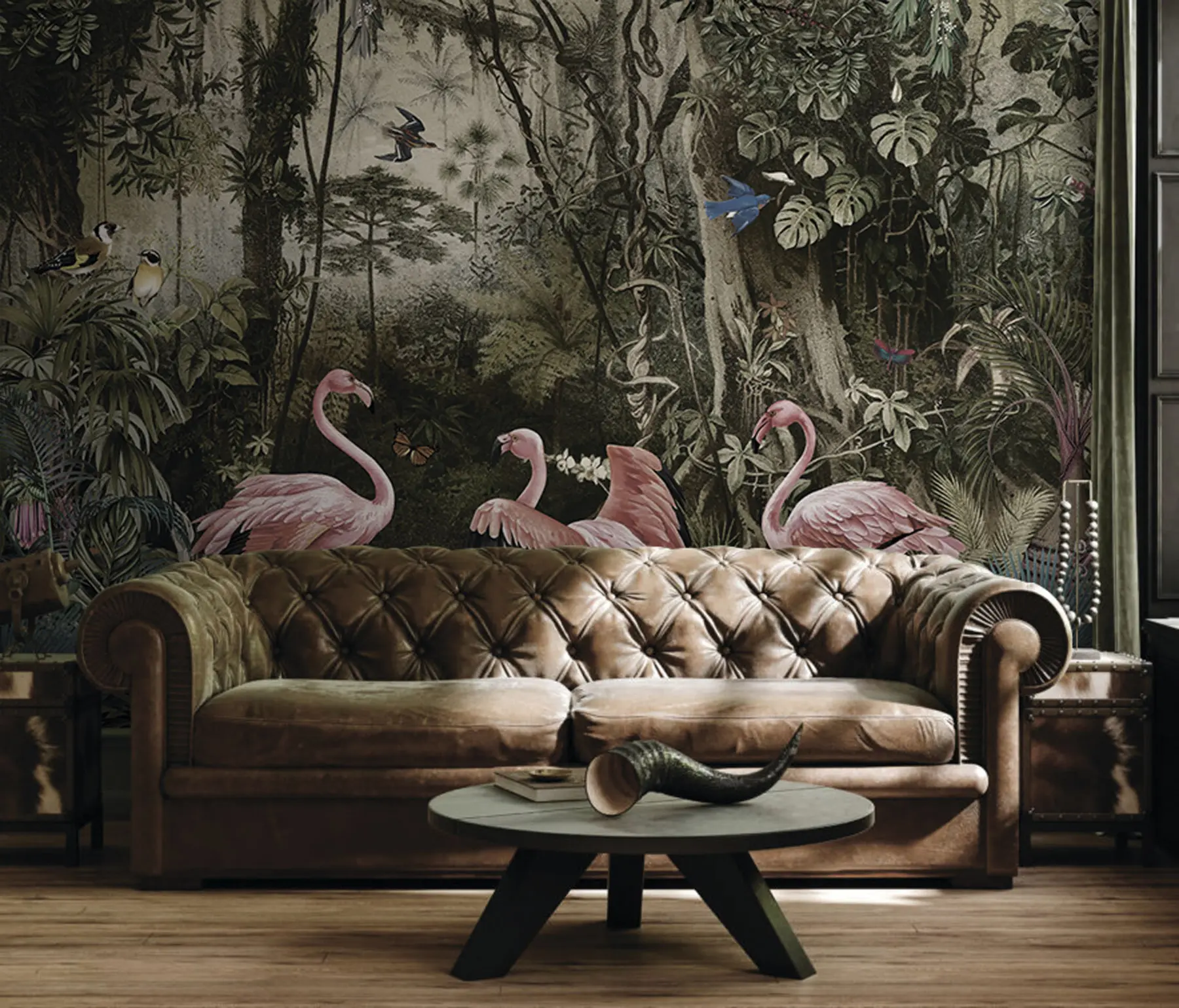 Valokuvatapetti Trooppisia lintuja ja flamingoja viidakossa u73568