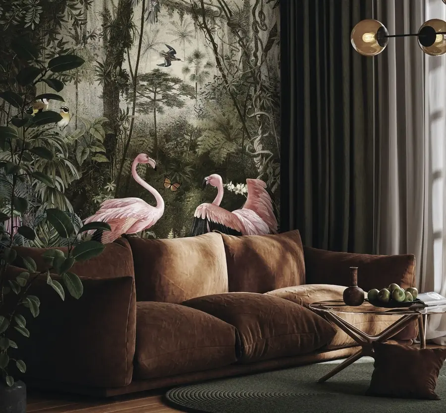 Valokuvatapetti Trooppisia lintuja ja flamingoja viidakossa u73568