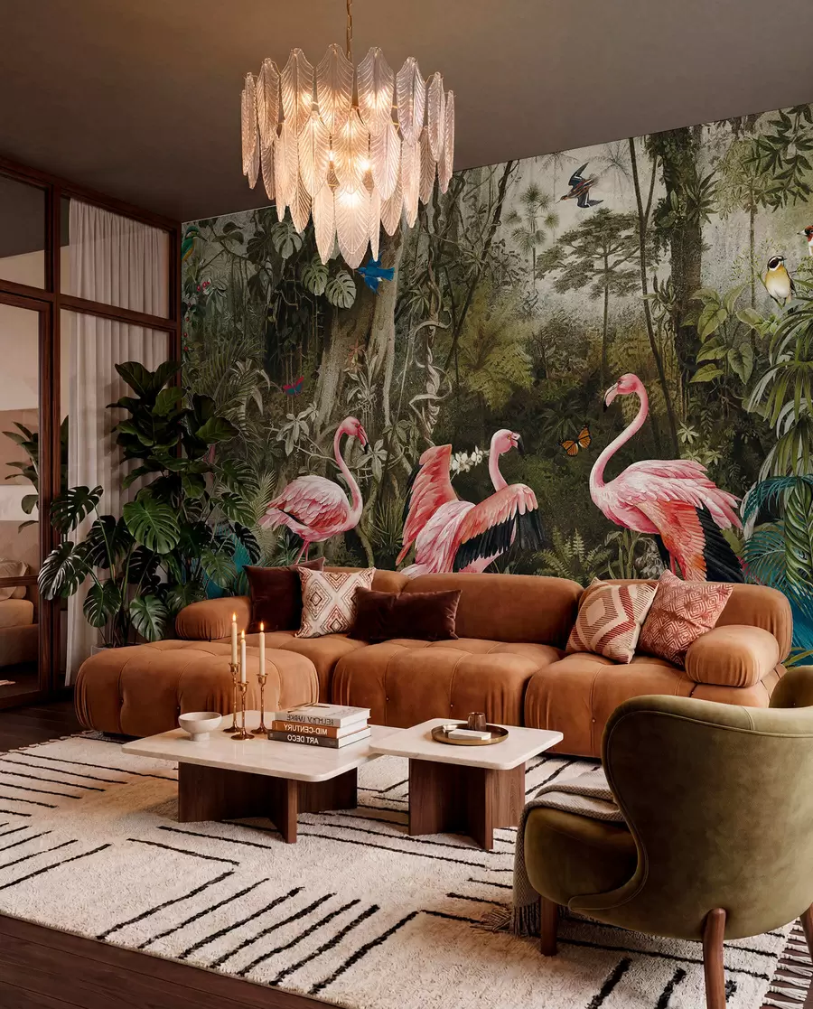 Valokuvatapetti Trooppisia lintuja ja flamingoja viidakossa u73568