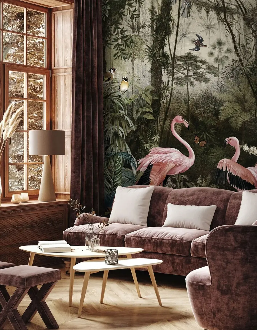 Valokuvatapetti Trooppisia lintuja ja flamingoja viidakossa u73568