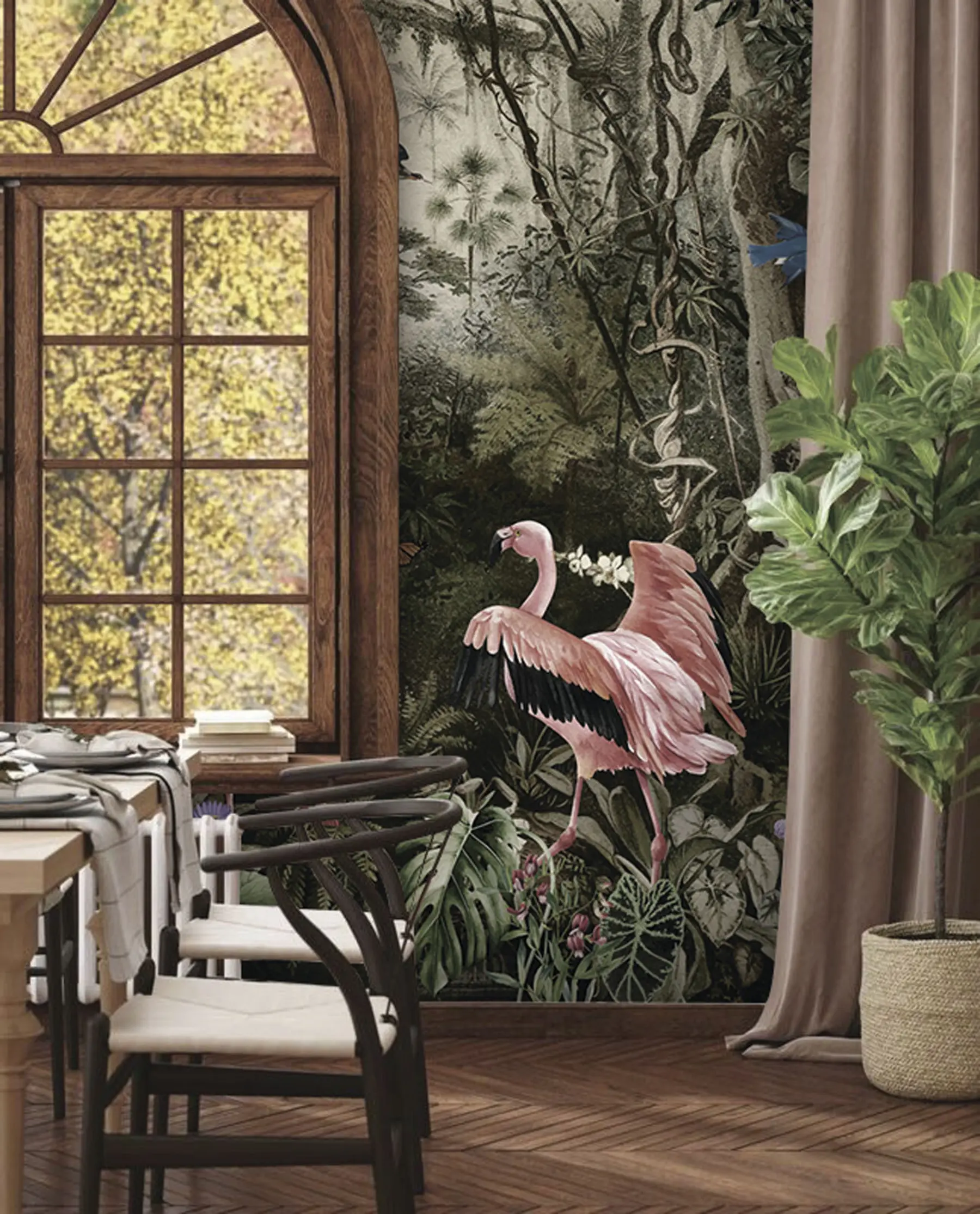 Valokuvatapetti Trooppisia lintuja ja flamingoja viidakossa u73568