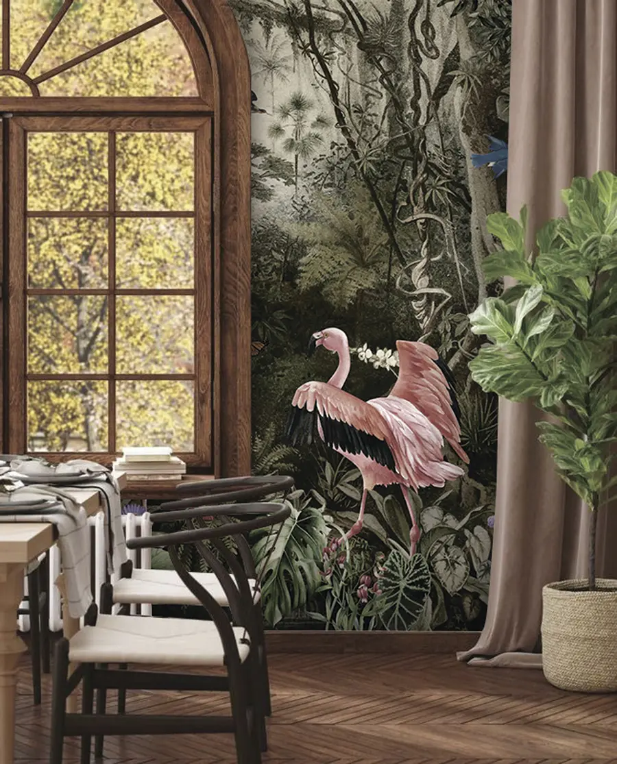 Valokuvatapetti Trooppisia lintuja ja flamingoja viidakossa u73568