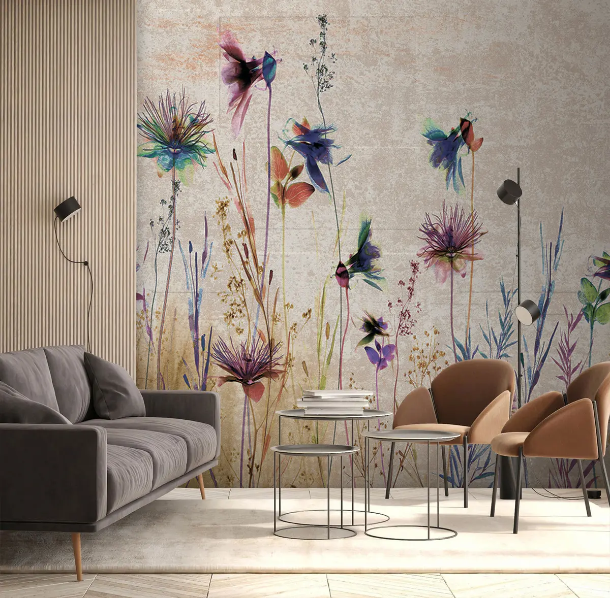 Valokuvatapetti Epätavalliset korkeat kukat beigellä taustalla u93672