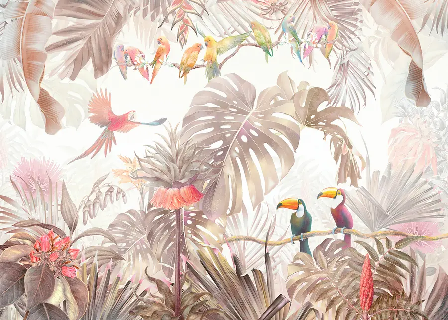Valokuvatapetti Kirkkaita lintuja ja papukaijoja tropiikissa u74490