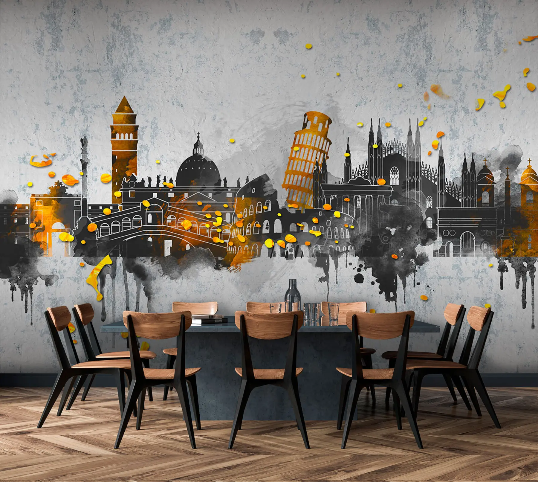 Valokuvatapetti Tummat siluetit kuuluisien kaupunkien nähtävyyksistä u74881