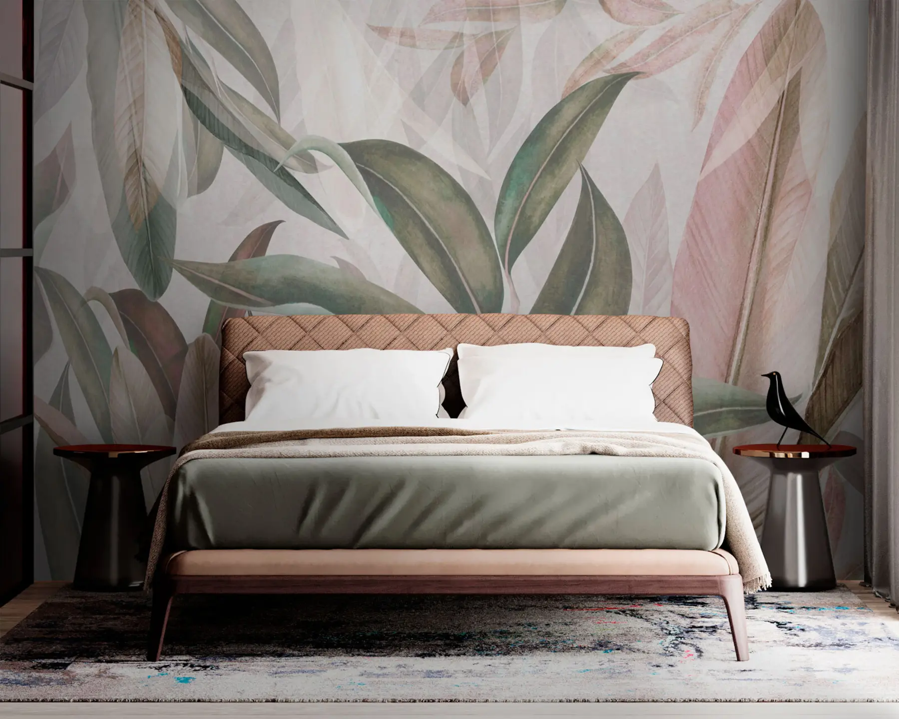 Valokuvatapetti Vihreät ja vaaleanpunaiset palmunlehdet u94302