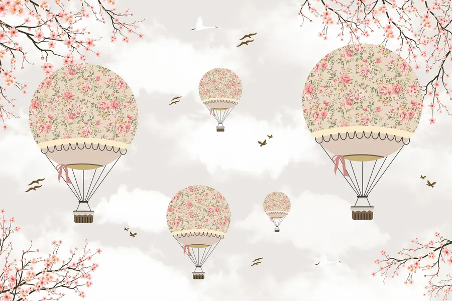 Valokuvatapetti Ilmapallot kukissa ja sakura oksissa u94445