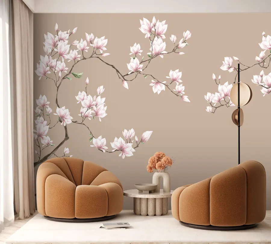 Valokuvatapetti Vaaleanpunaisen magnolian kukkivat oksat u94363