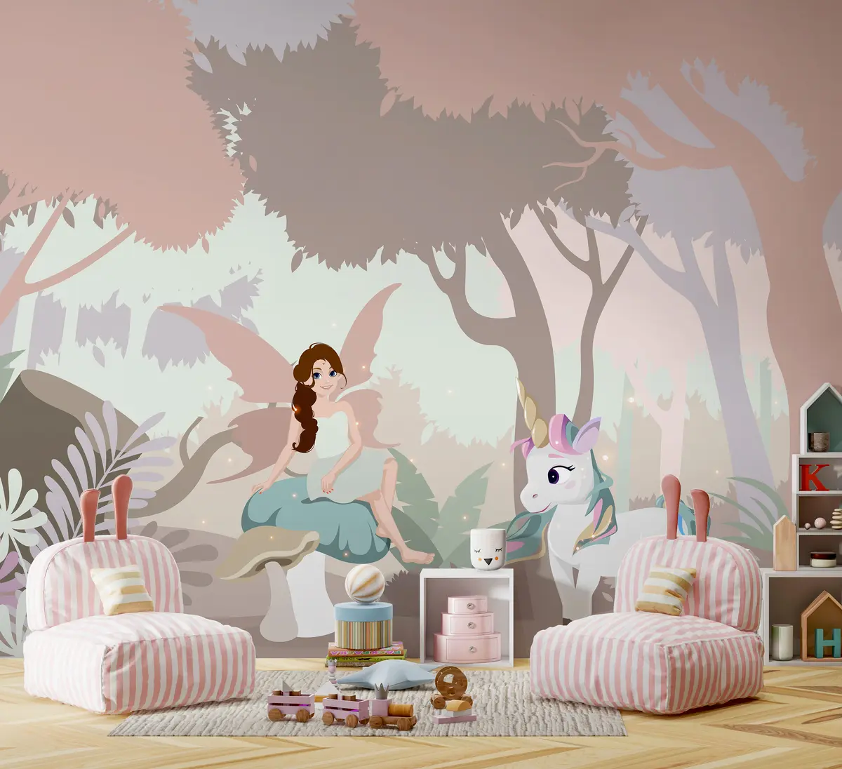 Valokuvatapetti Prinsessa yksisarvisen kanssa vaaleanpunaisessa metsässä u95038