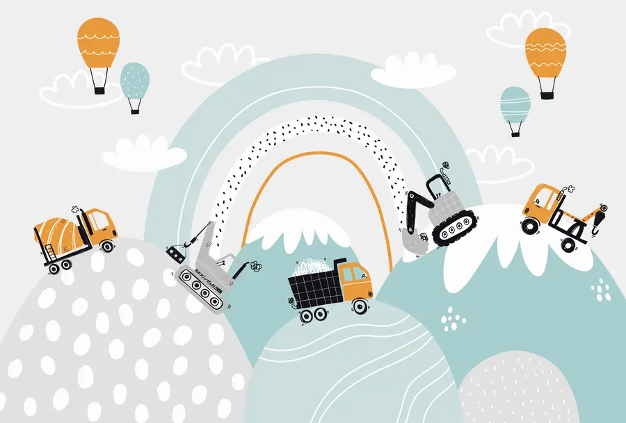 Valokuvatapetti Rakennusajoneuvot, vuoristomaisema, ilmapallot ja pilvet skandinaaviseen tyyliin u95046