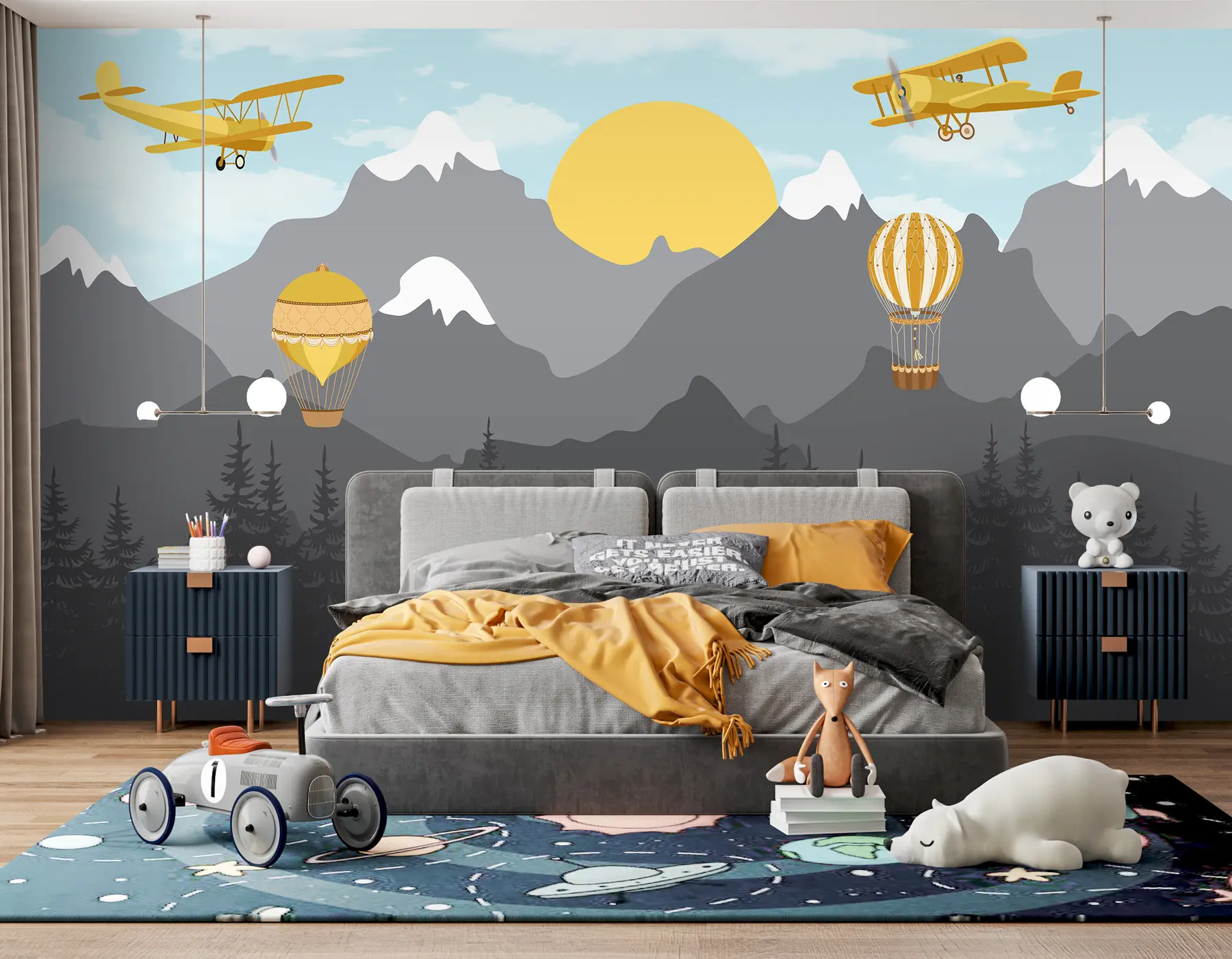 Valokuvatapetti Vuoria, metsää ja lentokoneita taivaalla u94821