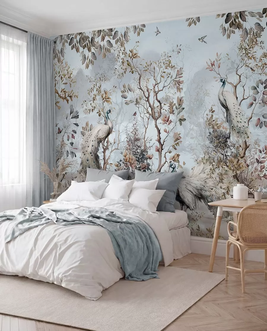 Valokuvatapetti Chinoiserie kiinalaistyylisiä kasveja ja riikinkukkoja u94849
