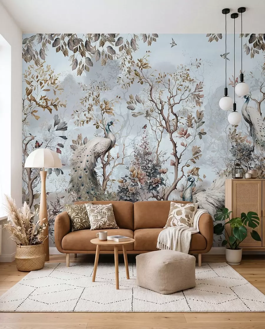 Valokuvatapetti Chinoiserie kiinalaistyylisiä kasveja ja riikinkukkoja u94849