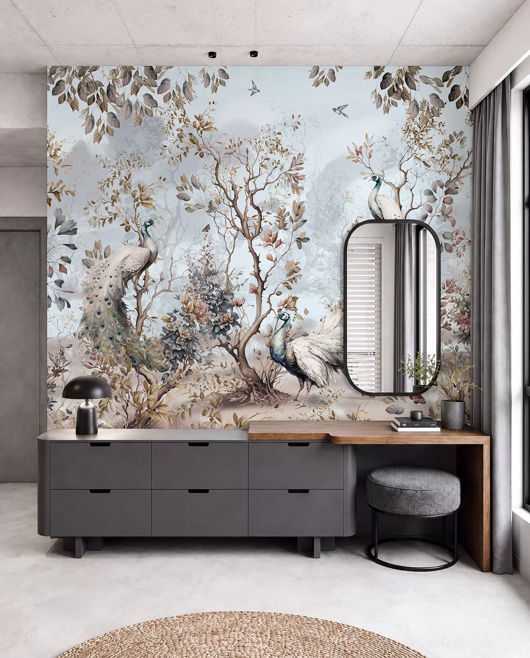 Valokuvatapetti Chinoiserie kiinalaistyylisiä kasveja ja riikinkukkoja u94849