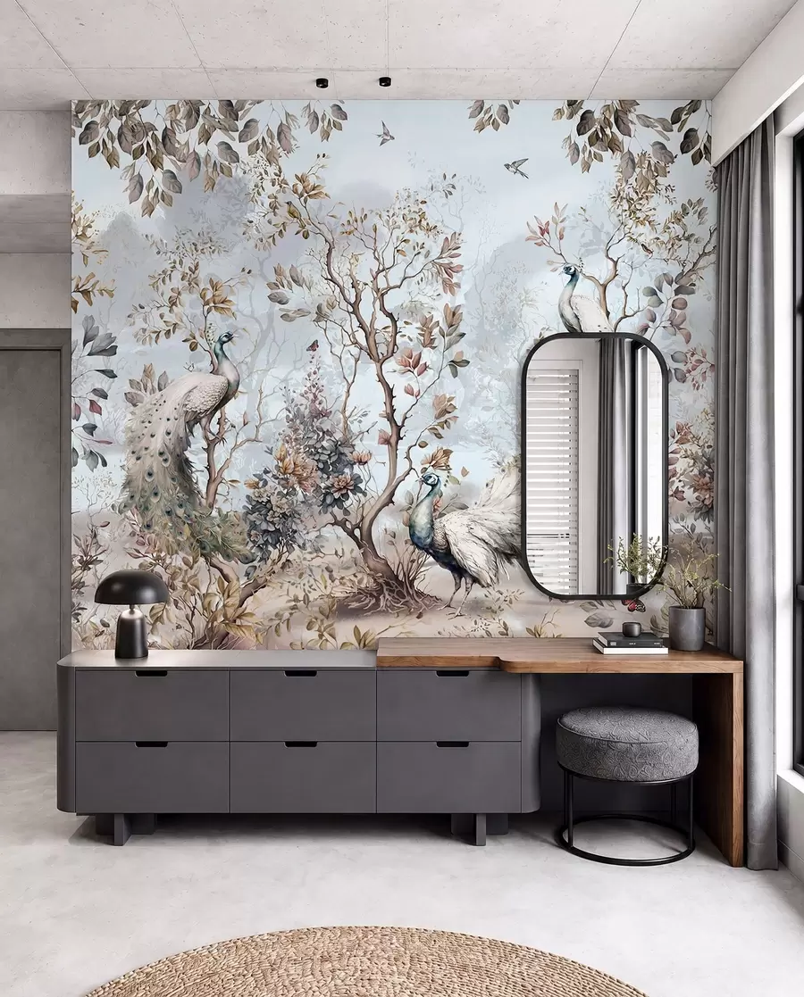 Valokuvatapetti Chinoiserie kiinalaistyylisiä kasveja ja riikinkukkoja u94849