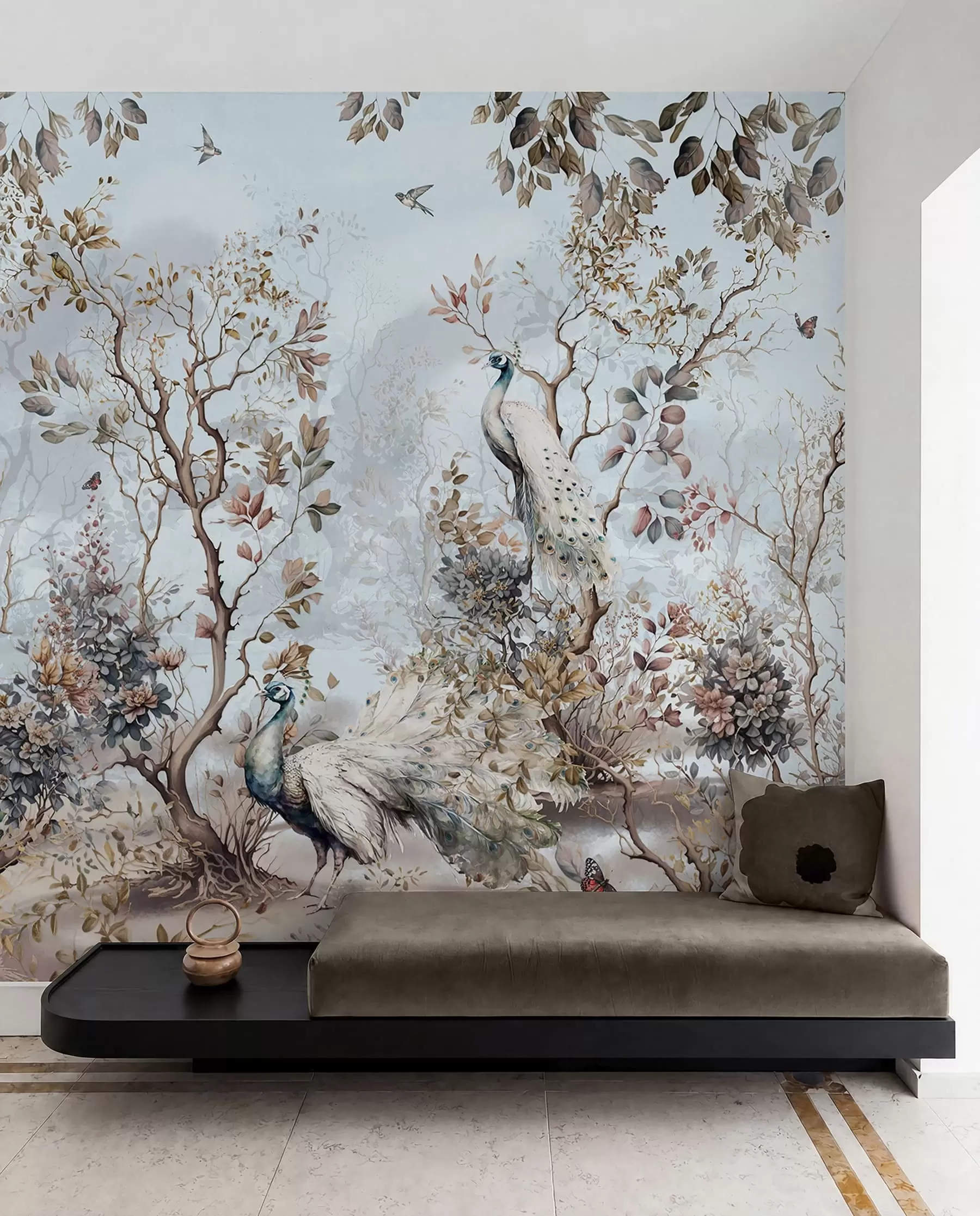 Valokuvatapetti Chinoiserie kiinalaistyylisiä kasveja ja riikinkukkoja u94849